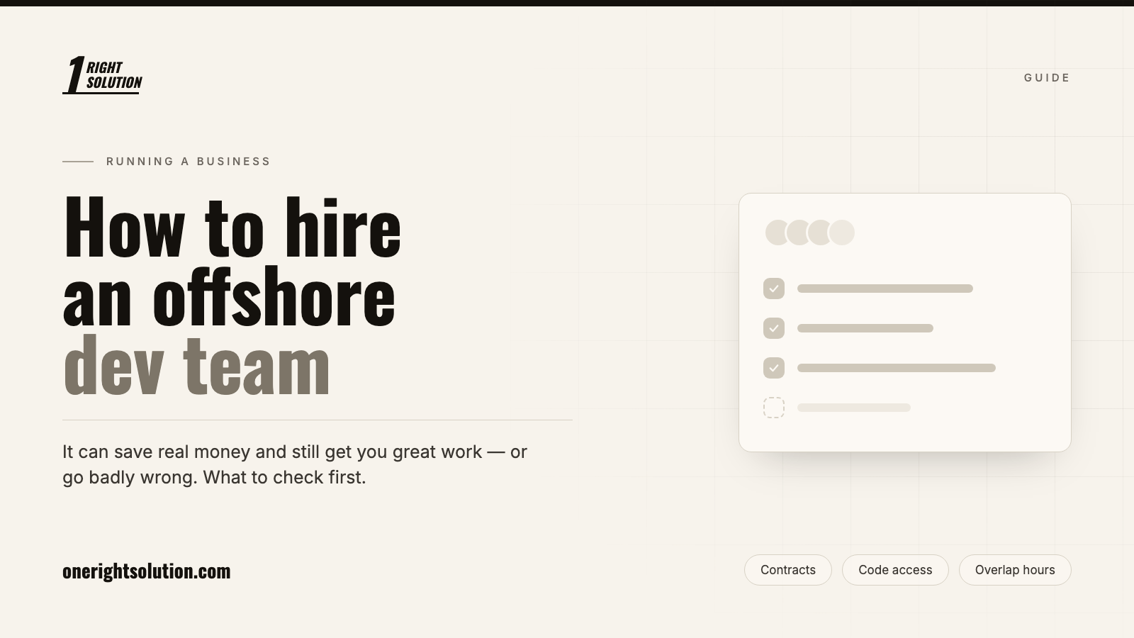 One Right Solution guide to hiring an offshore development team, beside a simplified checklist with a team avatar row.