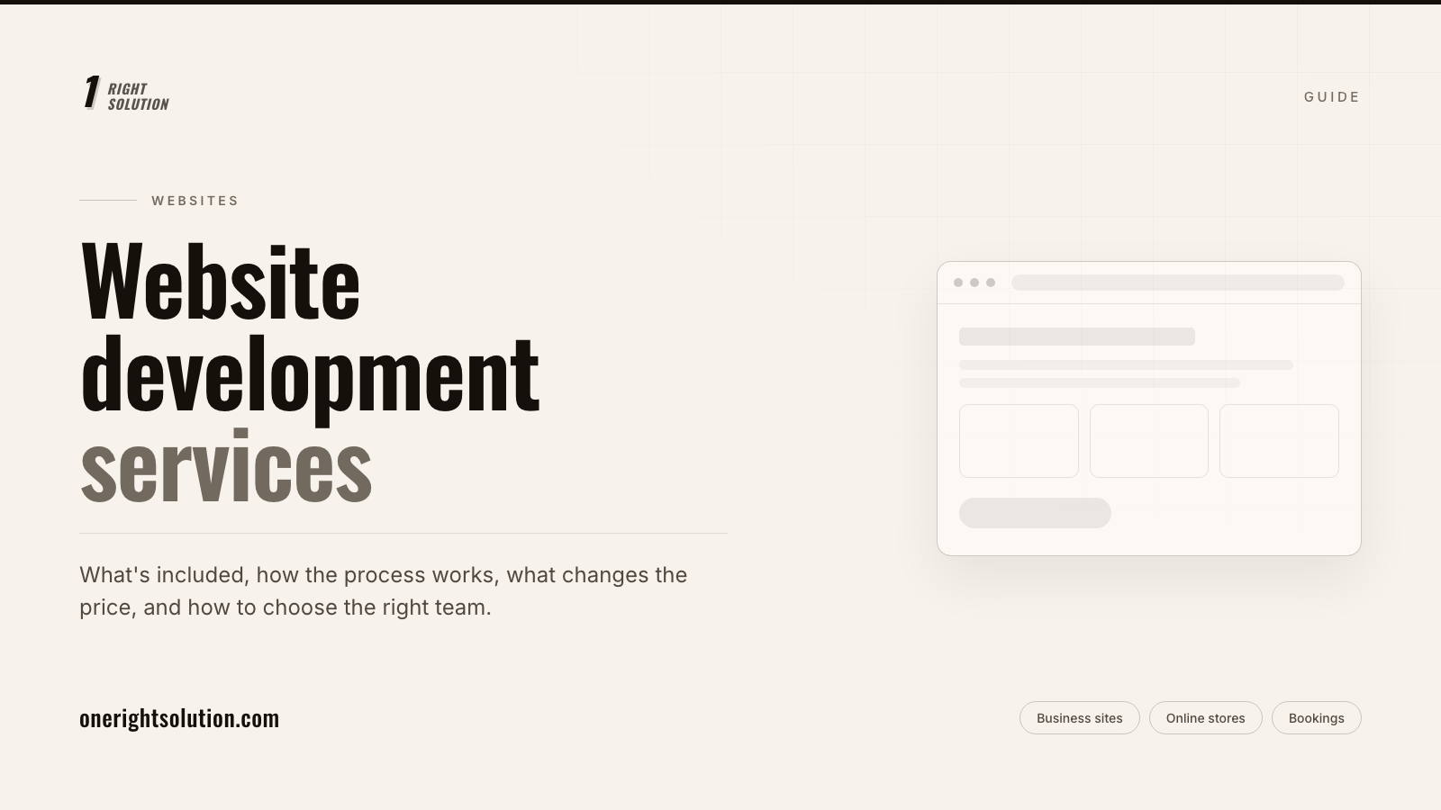 One Right Solution guide to website development services, beside a simplified wireframe of a business website.