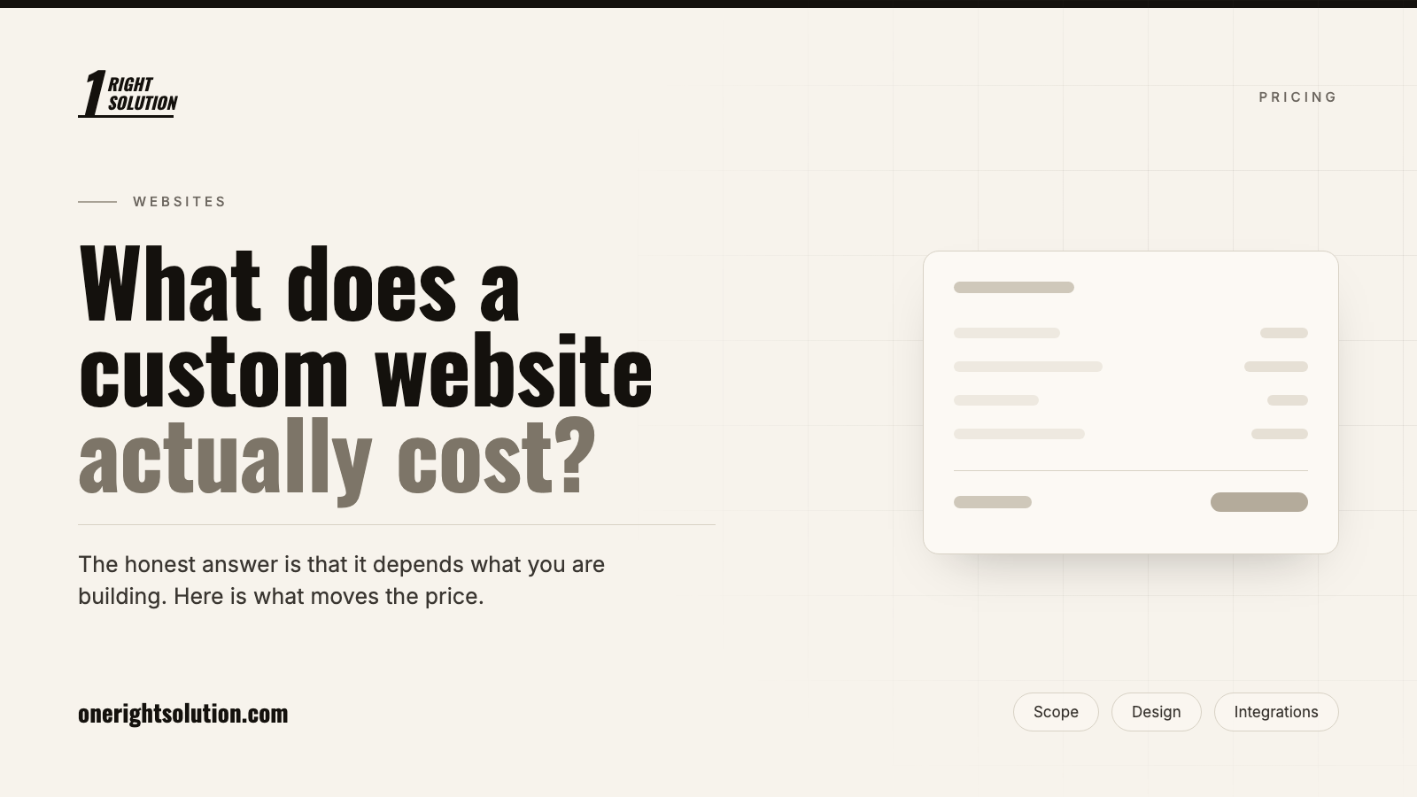 One Right Solution guide to what a custom website costs, beside a simplified estimate with line items and a total.
